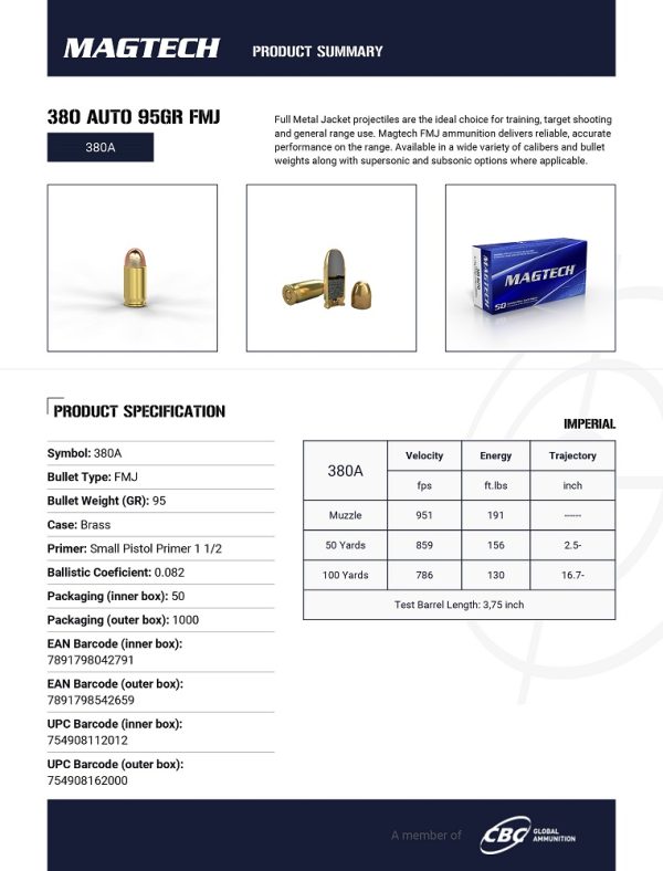 CARTOUCHES MAGTECH 380 AUTO 95GR FMJ 380A*+