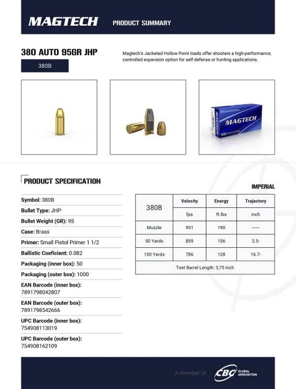 CARTOUCHES MAGTECH 380 AUTO 95GR JHP 380B*+