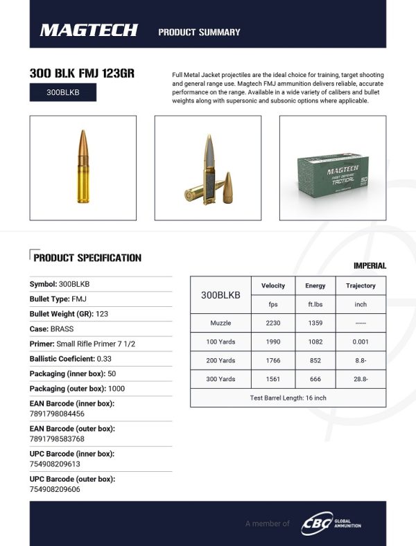 CARTOUCHES MAGTECH 300 BLACKOUT 123GR FMJ 300BLK+