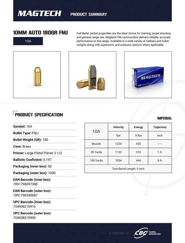 CARTOUCHES MAGTECH 10MM AUTO 180GR FMJ 10A*+