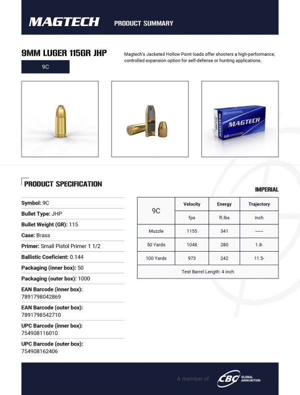 CARTOUCHES MAGTECH 9MM LUGER 115GR JHP 9C*+