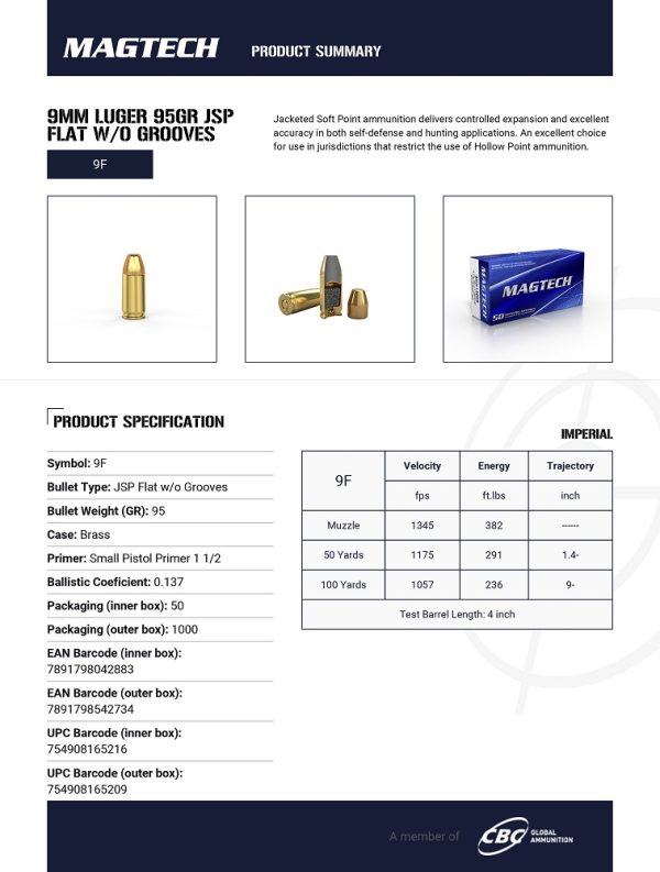 CARTOUCHES MAGTECH 9MM LUGER 95GR JSP FLAT 9F*+
