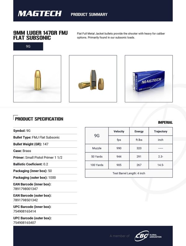 CARTOUCHES MAGTECH 9MM LUGER 147GR FMJ FLAT SUBSONIC 9G*+