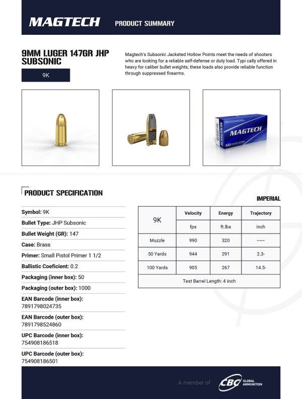 CARTOUCHES MAGTECH 9MM LUGER 147GR JHP SUBSONIC 9K*+