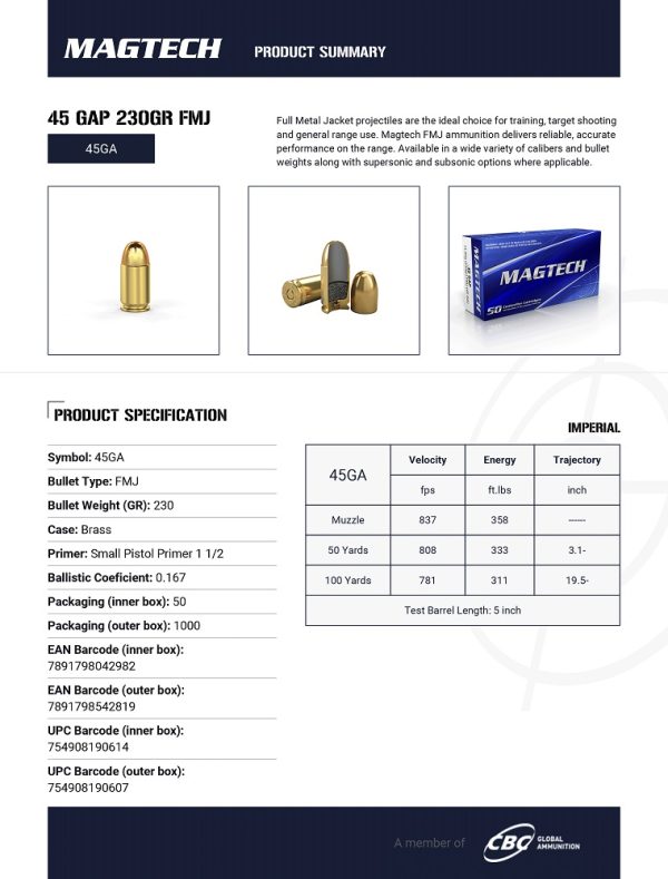 CARTOUCHES MAGTECH 45GAP 230GR FMJ 45GAP*+