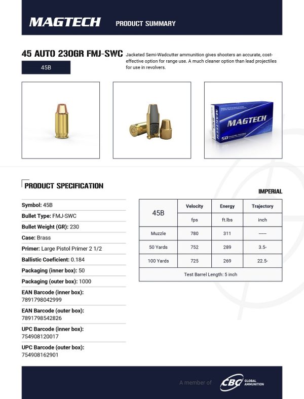 CARTOUCHES MAGTECH 45 AUTO 230GR FMJ SWC 45B*+