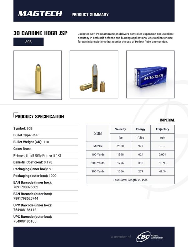CARTOUCHES MAGTECH 30 CARBINE 110GR SP 30B+
