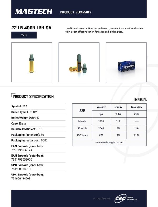 CARTOUCHES MAGTECH 22LR 40GR LRN SV 22B+