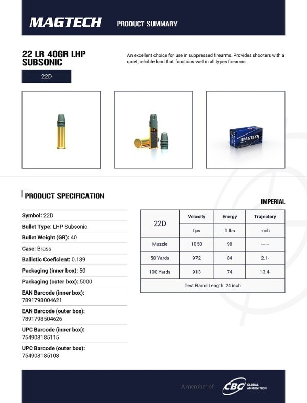 CARTOUCHES MAGTECH 22LR 40GR LHP SUBSONIC 22D+