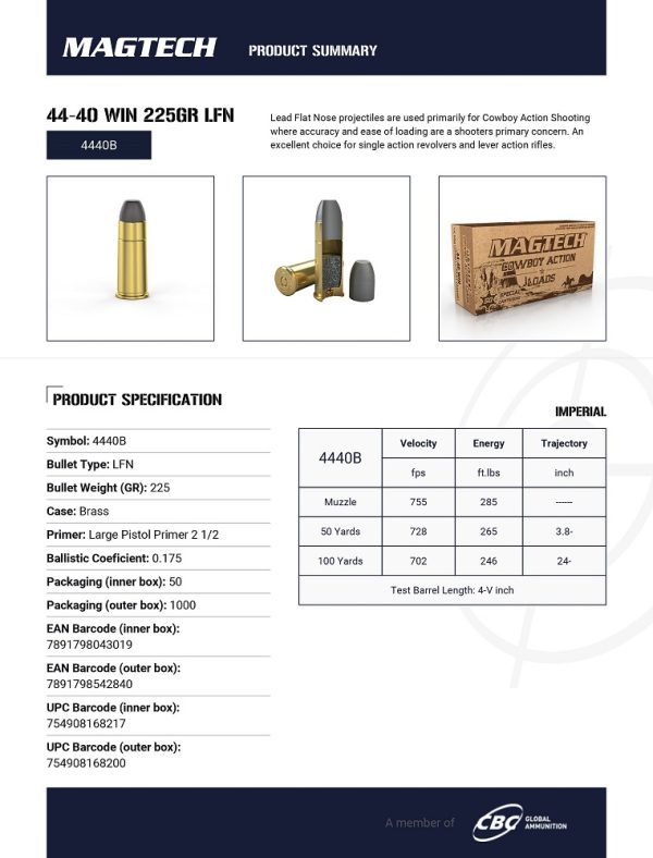 CARTOUCHES MAGTECH COWBOY ACTION 44-40WIN 225GR LFN 4440B+