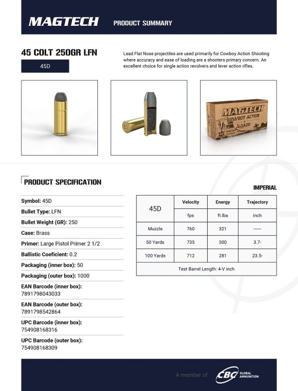 CARTOUCHES MAGTECH COWBOY ACTION 45 COLT 250GR LFN 45D+