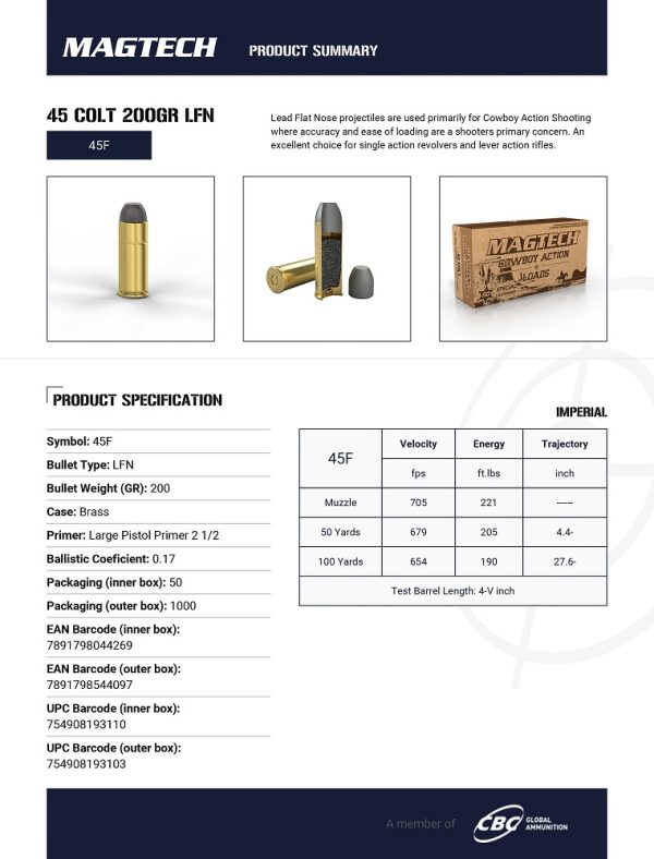 CARTOUCHES MAGTECH COWBOY ACTION 45 COLT 200GR LFN 45F+