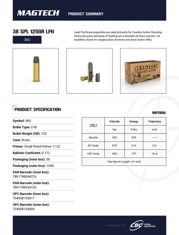 CARTOUCHES MAGTECH COWBOY ACTION 38 SPL 125GR LFN 38U*+