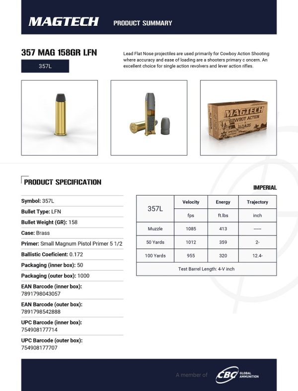 CARTOUCHES MAGTECH COWBOY ACTION 357 MAG 158GR LFN 357L*+