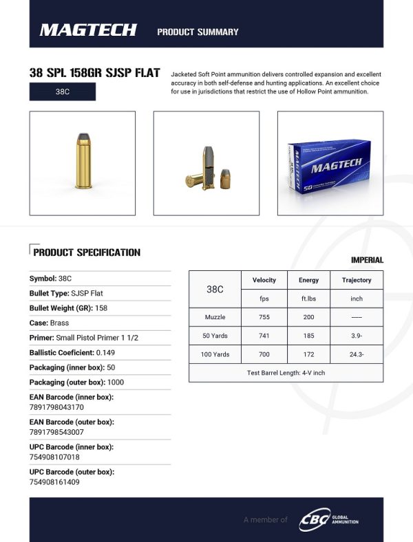 CARTOUCHES MAGTECH 38 SPL 158GR SJSP FLAT 38C*+