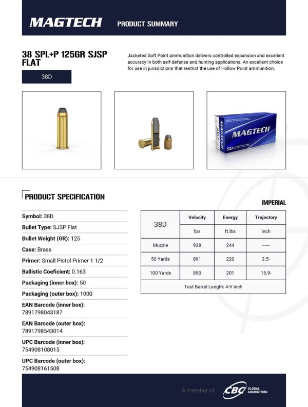 CARTOUCHES MAGTECH 38 SPL +P 125GR SJSP FLAT 38D*+