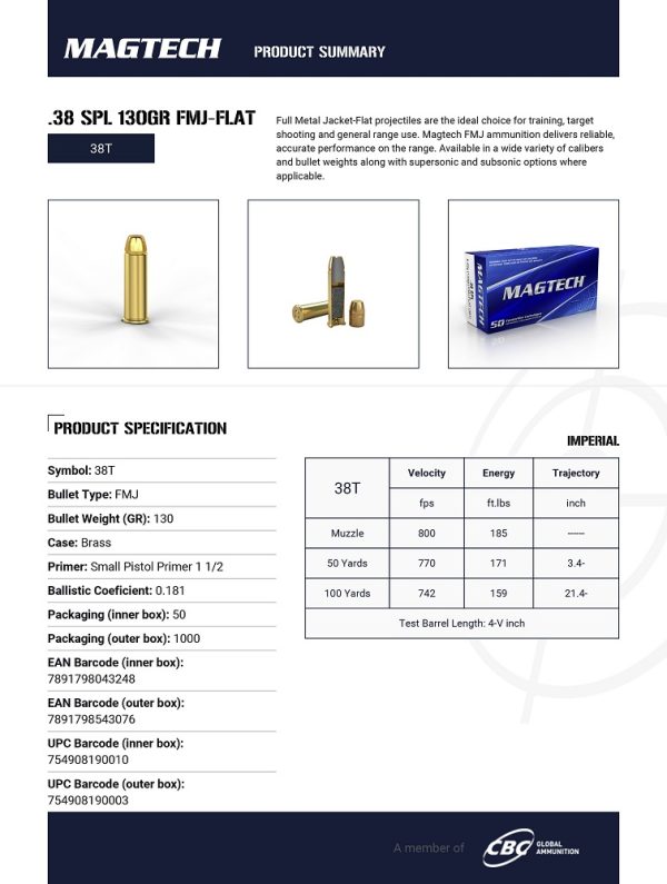CARTOUCHES MAGTECH 38 SPL 130GR FMJ FLAT 38T*+