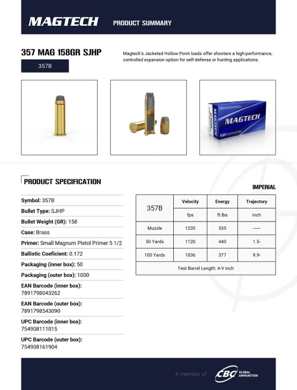 CARTOUCHES MAGTECH 357 MAG 158GR SJHP 357B*+