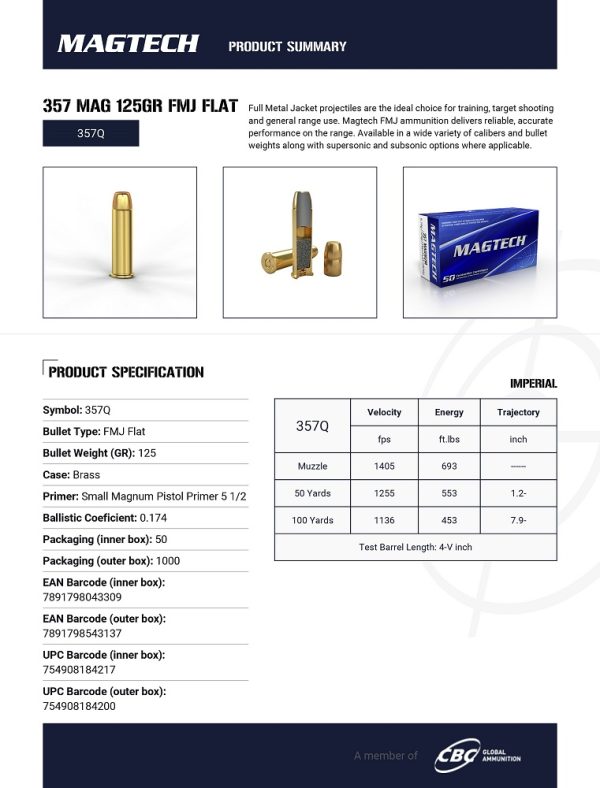 CARTOUCHES MAGTECH 357 MAG 125GR FMJ FLAT 357Q*+