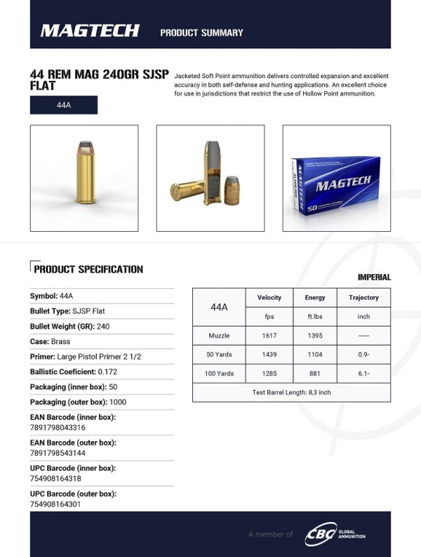 CARTOUCHES MAGTECH 44 REM MAG 240GR SJSP FLAT 44A PRIX SPECIAL+