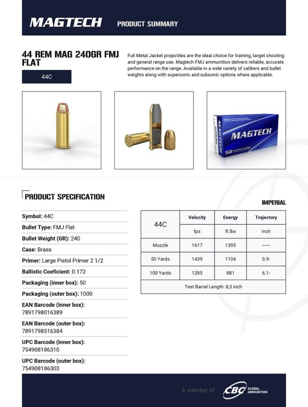 CARTOUCHES MAGTECH 44 REM MAG 240GR FMJ FLAT 44C PRIX SPECIAL+