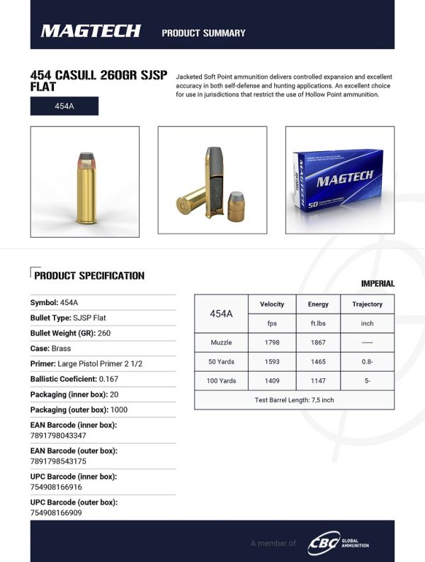 CARTOUCHES MAGTECH 454 CASULL 260GR SJSP FLAT 454A*+