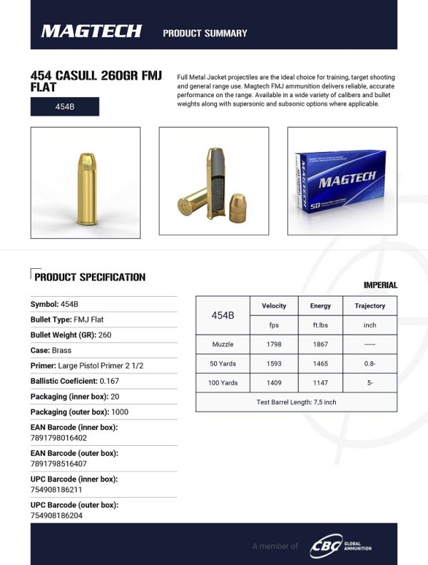 CARTOUCHES MAGTECH 454 CASULL 260GR FMJ FLAT 454B*+