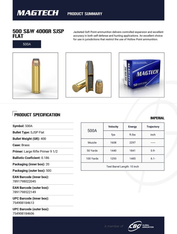 CARTOUCHES MAGTECH 500 SW 400GR SJSP FLAT 500A*+