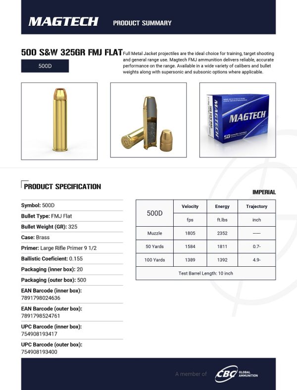 CARTOUCHES MAGTECH 500 SW MAG 325GR FMJ 500D*+