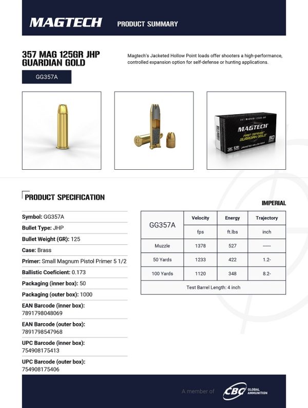 CARTOUCHES MAGTECH GUARDIAN GOLD 357 MAG 125GR JHP GG357A*+