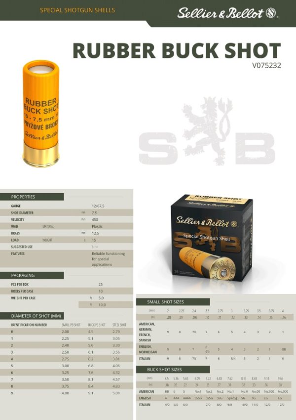 CARTOUCHES SB RUBBER BUCK SHOT CHEVROTINE CAOUTCHOUC 15GR CAL.12+