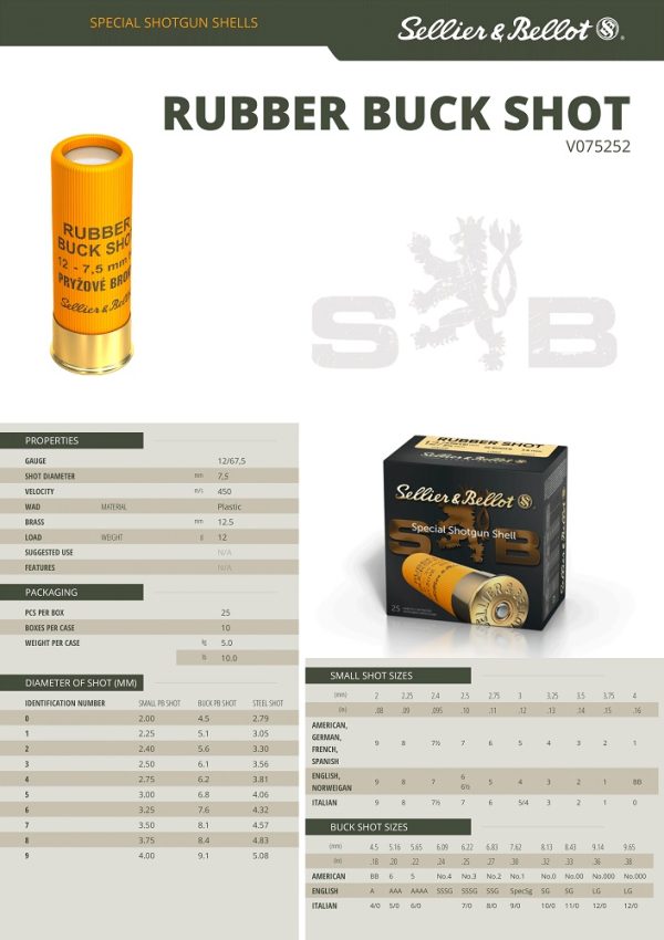 CARTOUCHES SB RUBBER BUCK SHOT CHEVROTINE CAOUTCHOUC 12GR CAL.12+