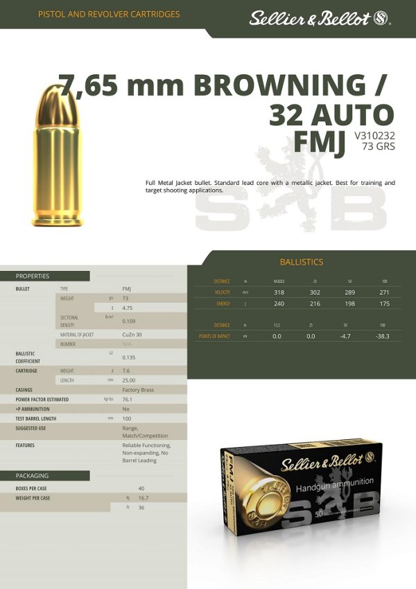 CARTOUCHES SB 32ACP (7.65) FMJ*+