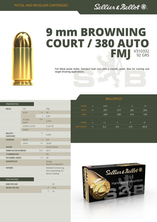 CARTOUCHES SB 9BR COURT/ 380 AUTO FMJ 6g*+