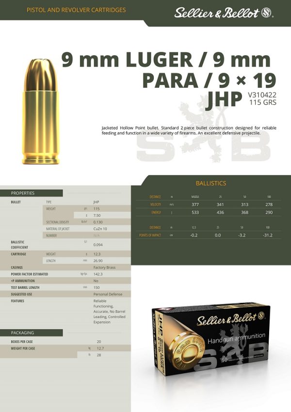 CARTOUCHES SB 9X19 JHP 7.5*+