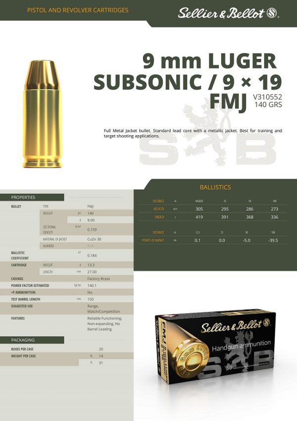 CARTOUCHES SB 9X19 FMJ SUBS 9g*+