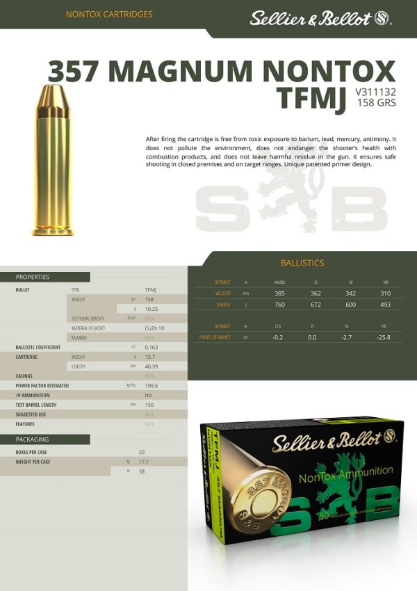 CARTOUCHES SB 357MAG TFMJ NONTOX 10.25g*+