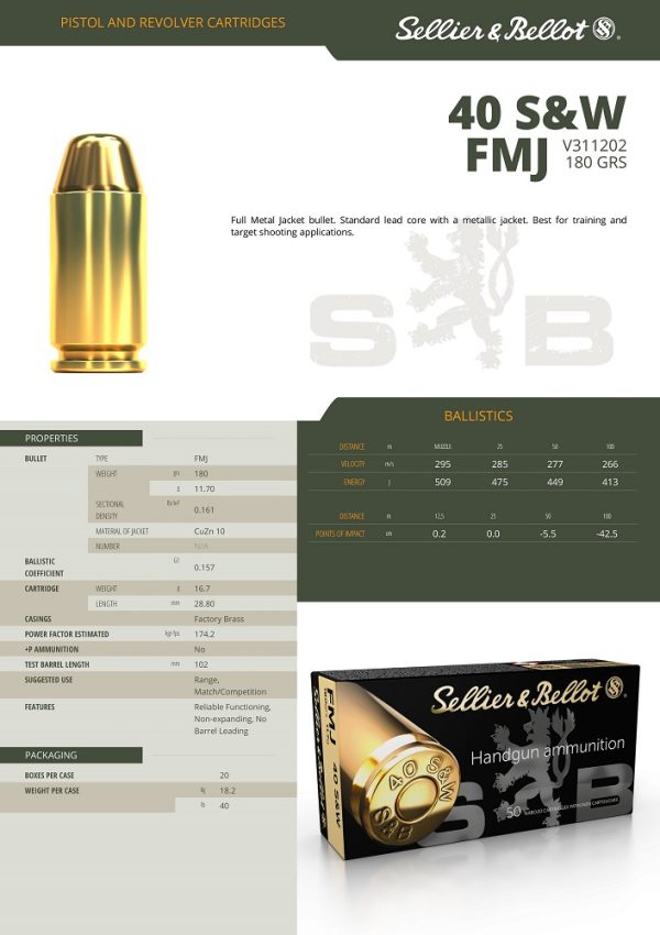 CARTOUCHES SB 40S&W FMJ 11.7G - PRIX SPECIAL*+