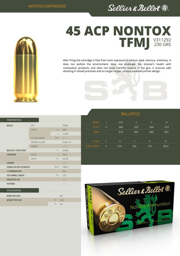 CARTOUCHES SB 45 AUTO TFMJ NONTOX 14.9g*+