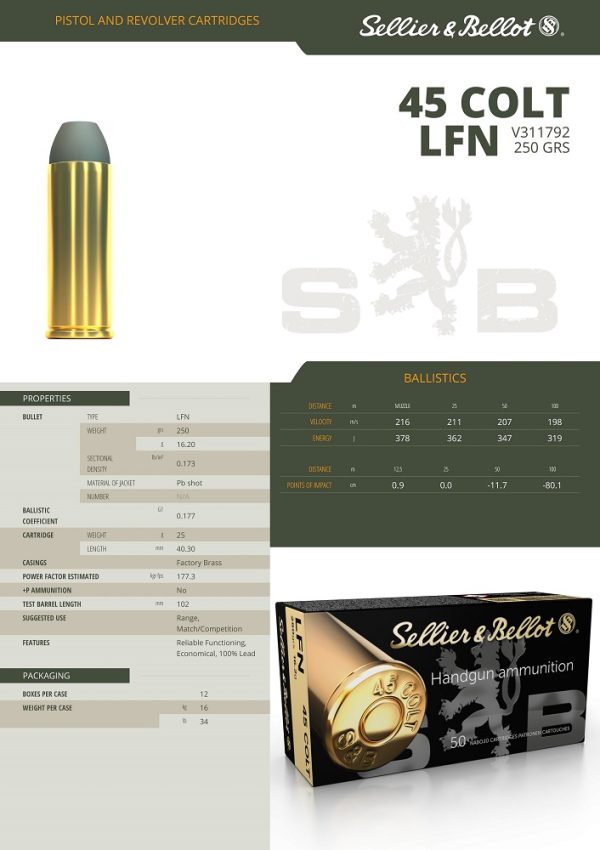 CARTOUCHES SB 45 COLT LFN 16.2g+