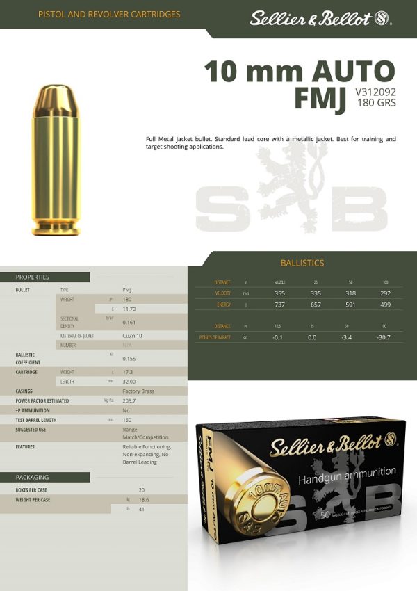 CARTOUCHES SB 10MM AUTO FMJ 180GR/11,7G*+