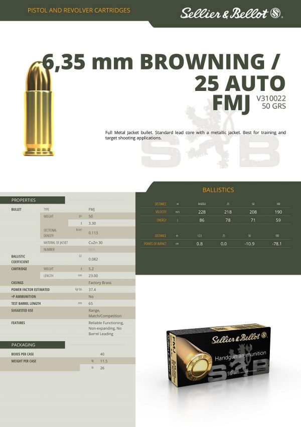 CARTOUCHES SB 25 ACP (6.35) FMJ*+