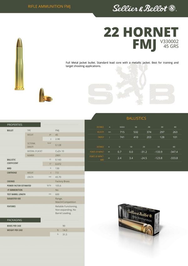CARTOUCHES SB 22 HORNET FMJ+