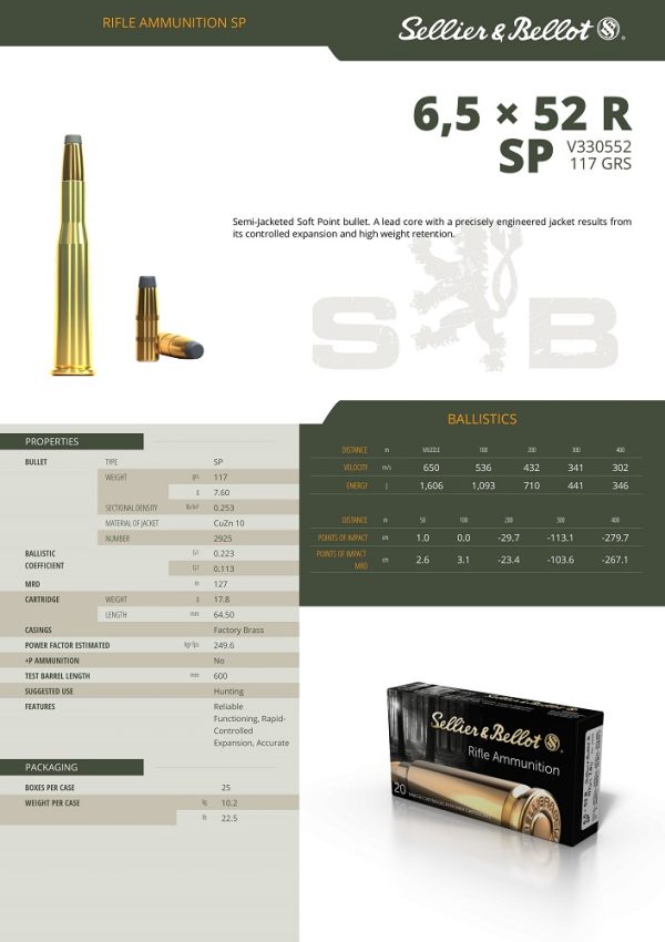 CARTOUCHES SB 6,5X52R SP 7,6g 2925+