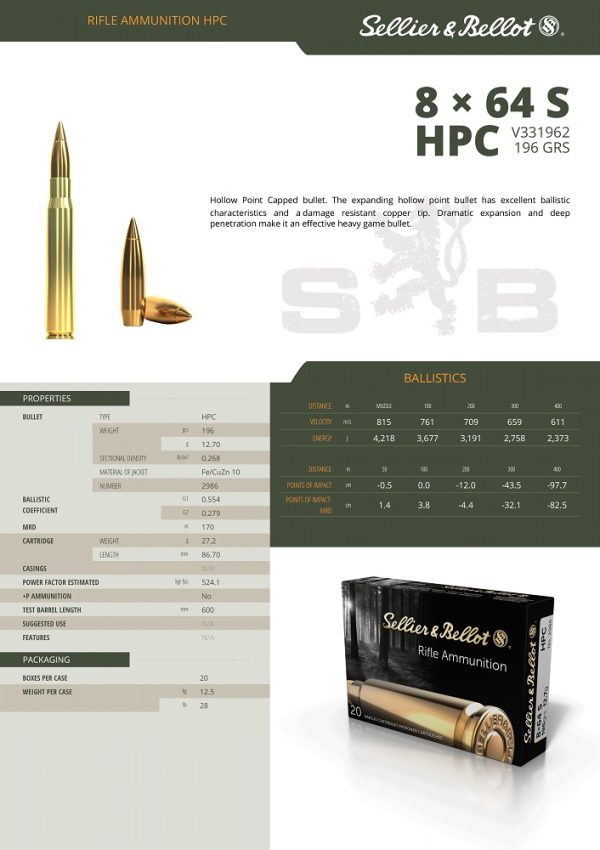 CARTOUCHES SB 8X64S HPC 12,7 / 2986+
