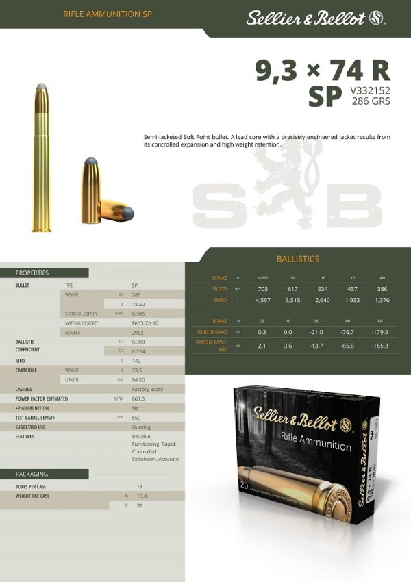 CARTOUCHES SB 9,3X74R SP 18.5g 2952+