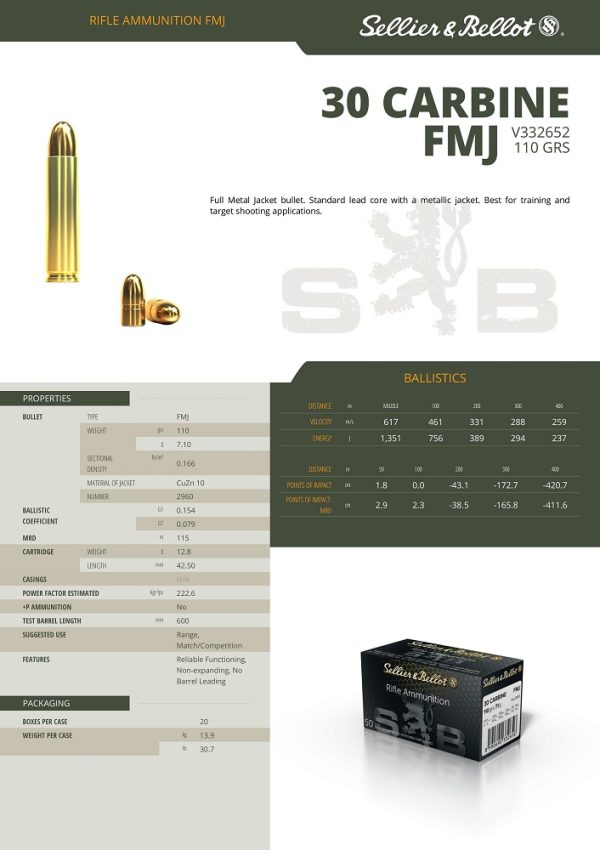 CARTOUCHES SB 30 CARBINE FMJ 7.1g X50+