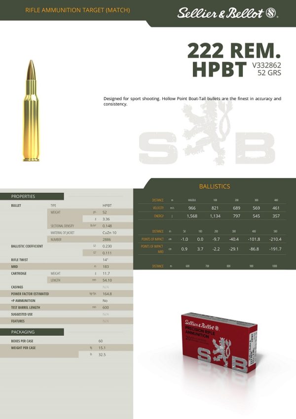 CARTOUCHES SB 222REM HPBT 52GR V332832+
