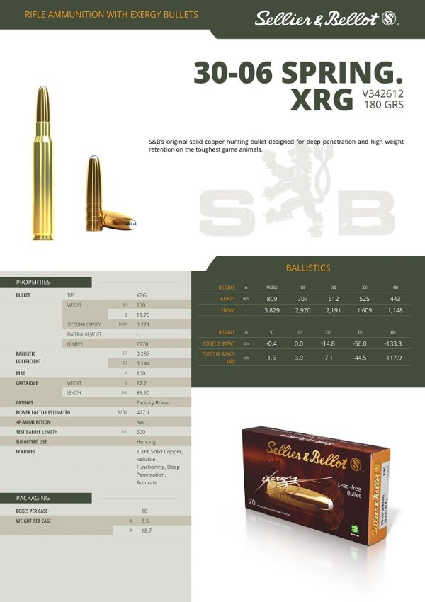 CARTOUCHES SB 30-06 XRG 180GRS/2970+