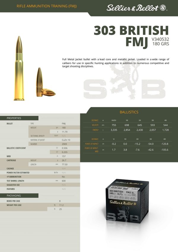 CARTOUCHES SB 303 BRITISH FMJ 11,7GR VRAC X50+